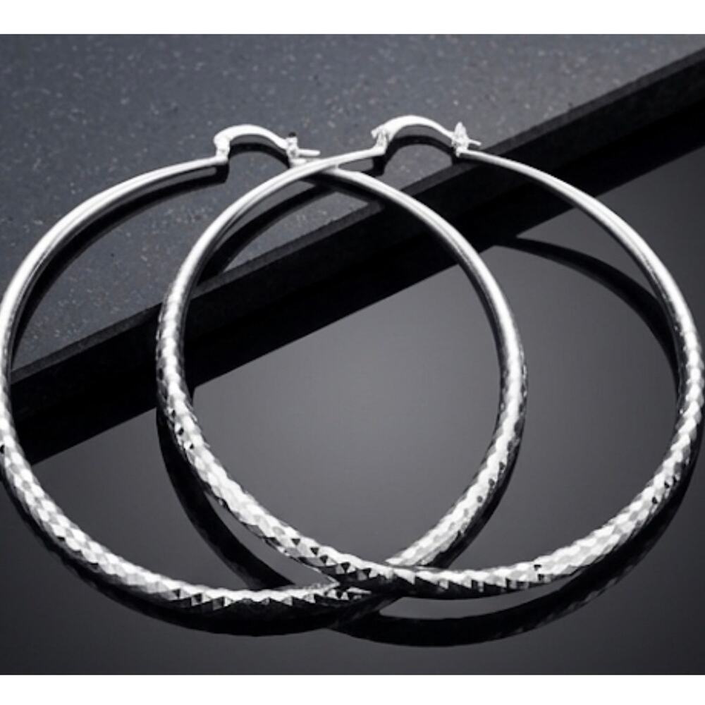 50CM 925 Stamp Silver Color Diamond cut hoop earrings very light
